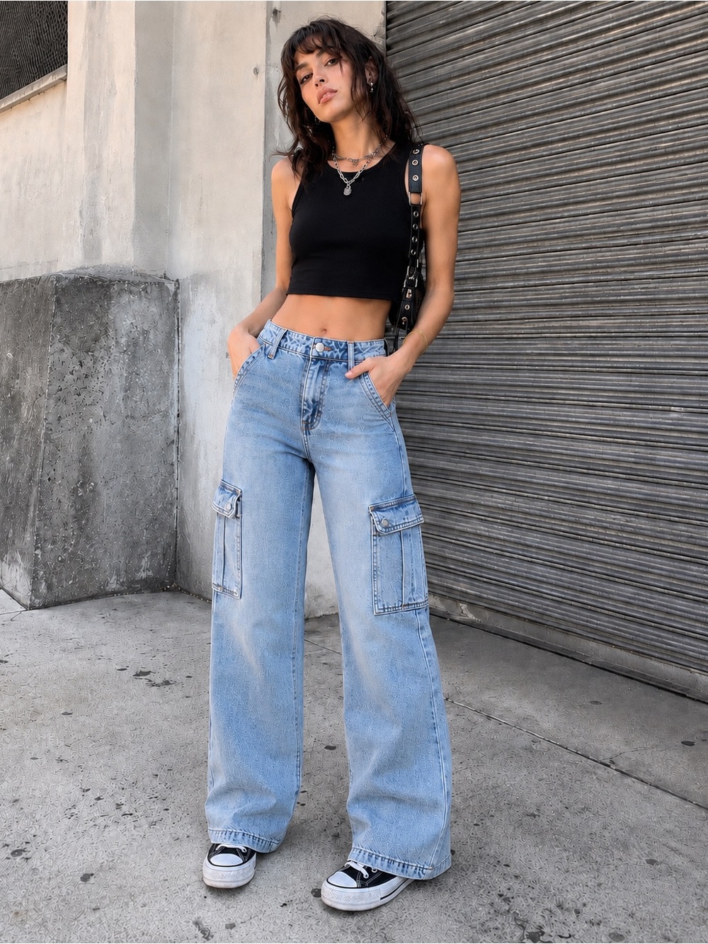 Aero Wide Leg High Waisted Light Blue Cargo Jeans for Women